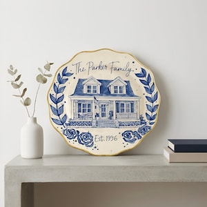 Custom painted ceramic house plate, personalized family souvenir, Mother's Day gift, blue white decor image 4