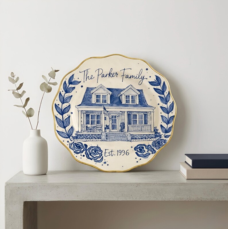 Custom painted ceramic house plate, personalized family souvenir, Mother's Day gift, blue white decor image 4