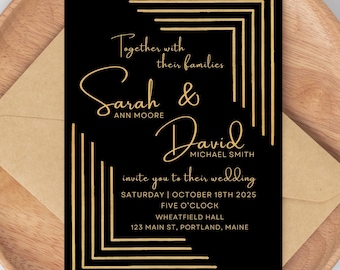 May include: A black wedding invitation with gold geometric design and text. The invitation includes the names Sarah & David, wedding date, time, and location. It rests on a wooden plate with a kraft paper envelope.
