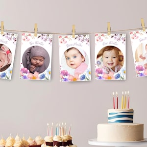 Floral First Birthday Photo Banner Template, 12 Months (Digital Download)