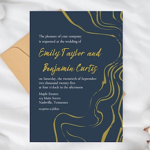 Wedding Invite - Navy, Slate Blue and Gold Theme - Digital Download, Editable Invitation Template - Elegant, Formal, Classic Wedding Invite