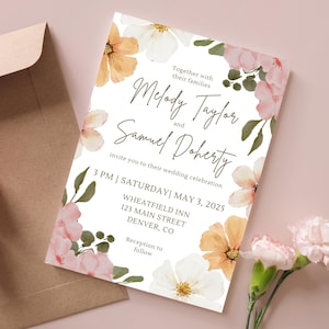 Wedding Invite - Pink, Orange, and White Flowers - Digital Download - Editable Template - Invitation Template - Spring Summer Wedding Invite