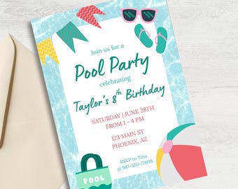Kids Birthday Pool Party Invitation: Editable Summer Template (Digital Download)