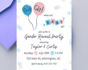 Gender Reveal Invitation: Boy or Girl, Balloon & Stars (Canva Template - Digital Download)