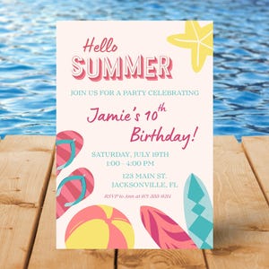 Editable Kids&#39; Birthday Pool or Beach Party Invite - Pool, Beach, Summer Theme - Downloadable Invitation Template - Summer Birthday - Pink