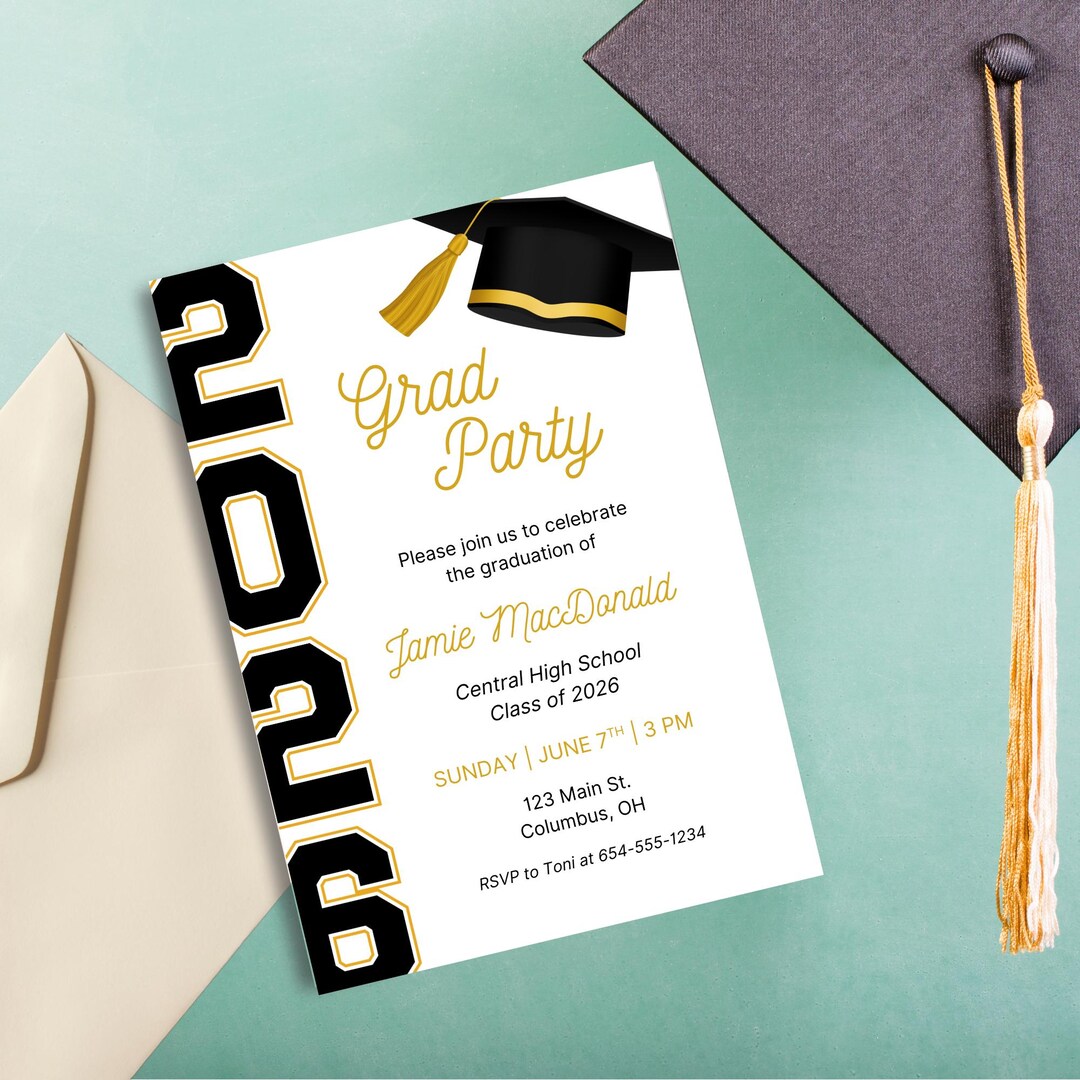 Black and Gold Graduation Party Invitation Template (digital Download ...