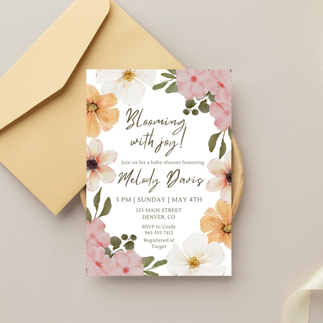Baby Shower Invite - Flower Theme - Digital Download, Editable Template ...