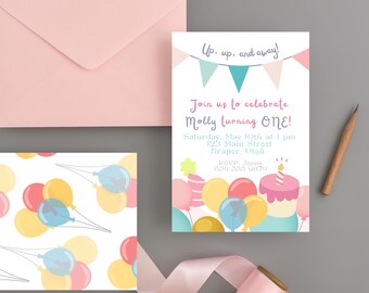 May include: A birthday invitation with the text "Up, up, and away!" and "Join us to celebrate Molly turning ONE!" is displayed. The invitation features a cake, balloons, and a banner. A pink envelope and a ribbon are also visible.