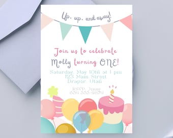 May include: A birthday invitation with the text "Up, up, and away!" and "Join us to celebrate Molly turning ONE!" The invitation includes a cake, balloons, and party hat illustrations. The RSVP details are also included.