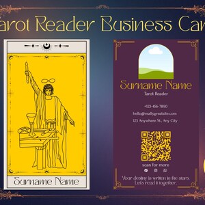 Visitenkartenvorlage für Tarot-Leser (Canva), bearbeitbare mystische Tarotkarte, Tarotkarte „Der Magier“, druckbare Visitenkarte