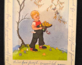 Herzliche Ostergrüsse 1930-tals vintagevykort • Kneisel-illustration • Tyskt påskkort • Pojke med kycklingar • Färglitografi