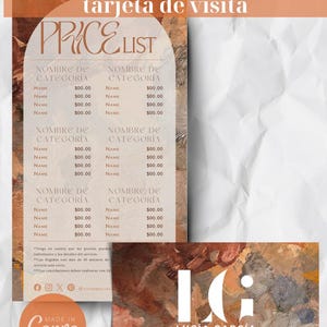 May include: A price list template and business card design. The price list features a beige background with a price list layout. The business card has a colorful abstract design with the name "Lucia Garcia". The Canva logo is also visible.