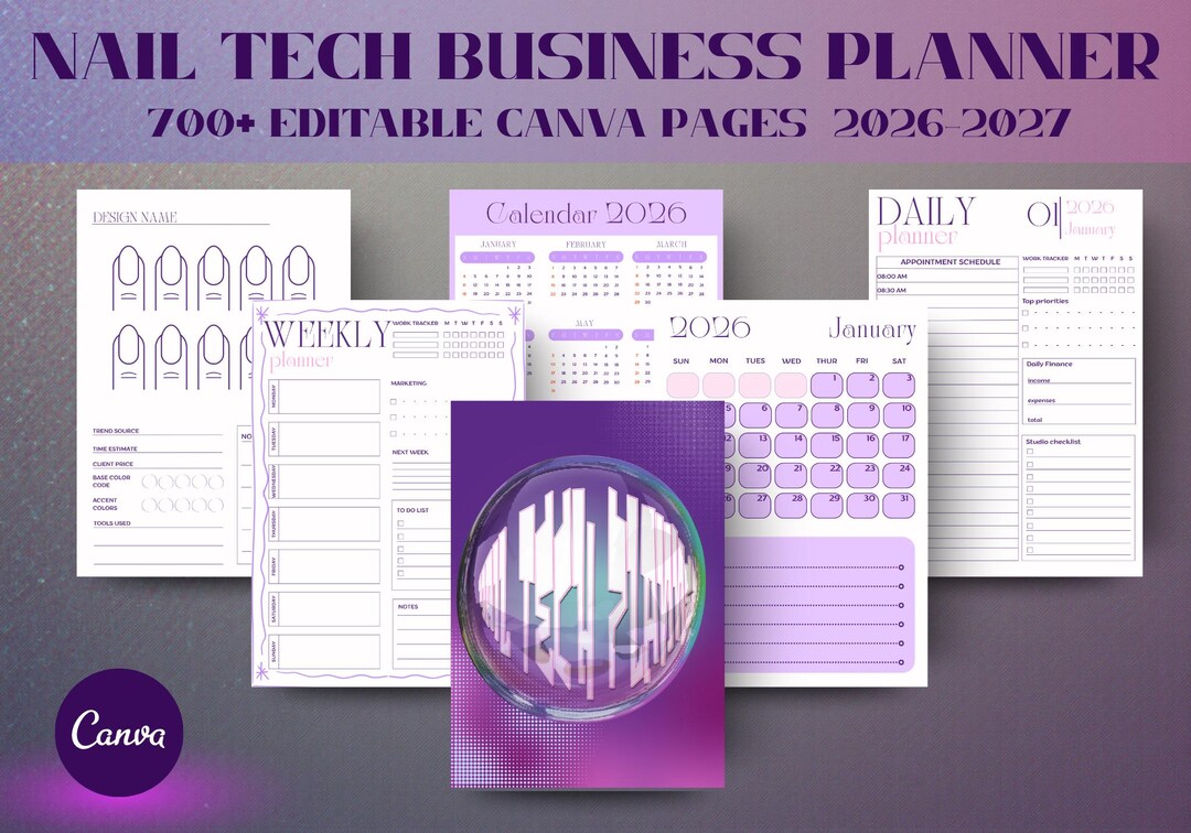 Editable Nail Tech Planner Canva Template | 2026 2027 Calendar | Client ...