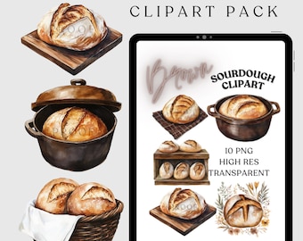 May include: A digital illustration clipart pack of 10 high-resolution transparent PNG images featuring various depictions of brown sourdough bread. The images include bread in a basket, on a wooden board, in a cast iron pot, and on a shelf. The text "Brown Sourdough Clipart" is visible on the screen.