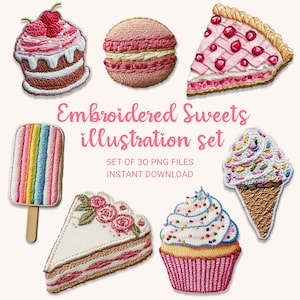 Geborduurde snoepjes png-afbeeldingen | Digitale stickers namaakborduurwerkpatch | Bakkerijtaart traktaties ijs illustratie set direct downloaden