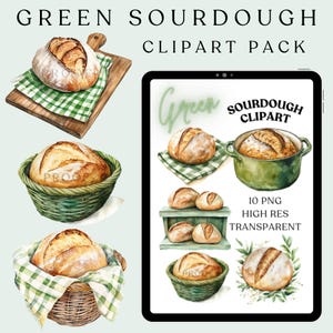May include: A digital illustration clipart pack of green sourdough bread in various settings. The pack includes 10 high-resolution PNG images, all transparent. The bread is depicted in a basket, on a wooden board, in a green pot, and on a wooden shelf.