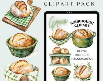 May include: A digital illustration clipart pack of green sourdough bread in various settings. The pack includes 10 high-resolution PNG images, all transparent. The bread is depicted in a basket, on a wooden board, in a green pot, and on a wooden shelf.