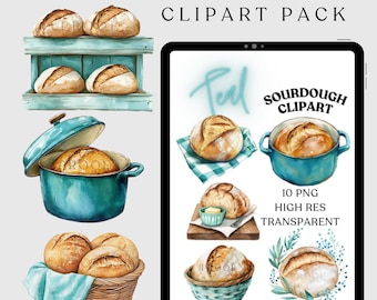 May include: A digital art pack featuring watercolor illustrations of sourdough bread. The images include loaves of bread in a teal pot, a wicker basket, and on a teal shelf. The text on the image says "TEAL SOURDOUGH CLIPART PACK".