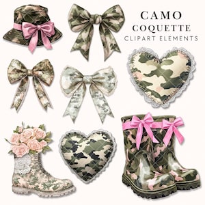 May include: A set of digital clipart elements featuring a camo pattern. The set includes a hat, two bows, two hearts, and a pair of rain boots. All elements have a pink and green camo pattern.