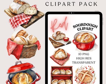 May include: A digital illustration of a clipart pack featuring 10 high-resolution PNG images of red sourdough bread. The images include a loaf of bread in a red pot, a loaf of bread on a red and white checkered tablecloth, a basket of bread rolls, and a loaf of bread on a wooden cutting board. The text "Red Sourdough Clipart" is displayed in red letters on a white background.