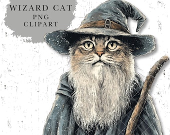 Wizard kat clipart PNG direct downloaden | Kattenliefhebber grafisch ontwerp fantasie | Grappige kat kunstafbeelding | Geïllustreerd magisch grillig