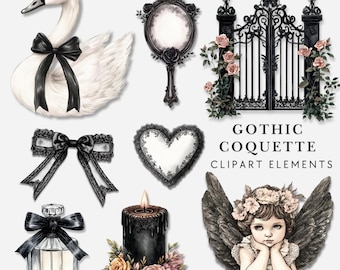 Gotisk kokett Clipart-paket | Mörka nyckfulla akvarell illustrationer | Digitala klistermärken | Viktoriansk flickig gotisk svart PNG-nedladdningsbar konst