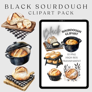 May include: A digital illustration clipart pack of 10 high-resolution transparent PNG images featuring various styles of sourdough bread. The images include loaves of bread on a checkered tablecloth, in a black cast iron pot, in a basket, and on a wooden shelf. The text "Black Sourdough Clipart" is displayed at the top of the image.
