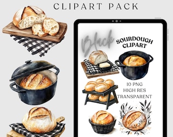 May include: A digital illustration clipart pack of 10 high-resolution transparent PNG images featuring various styles of sourdough bread. The images include loaves of bread on a checkered tablecloth, in a black cast iron pot, in a basket, and on a wooden shelf. The text "Black Sourdough Clipart" is displayed at the top of the image.