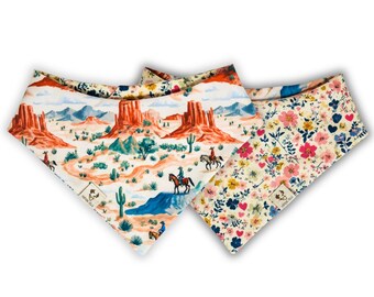 Desert Bloom - Reversible Pet Bandana, Snap On, Tie On, Dog, Vintage Floral, Western, Horses
