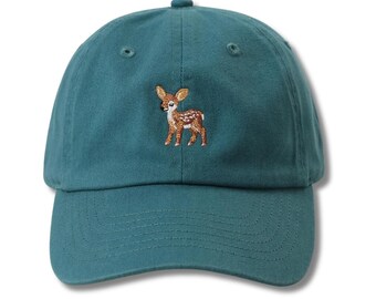 Woodland Deer Dog Embroidered Teal Cotton Baseball Cap