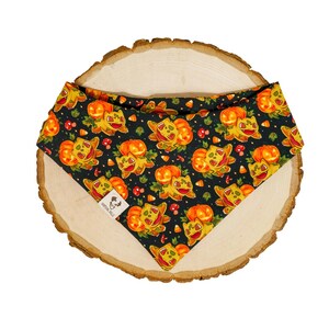 Könnte beinhalten: Ein schwarzes, dreieckiges Haustierhalstuch mit einem wiederkehrenden Muster aus gelben Zeichentrickfiguren, orangefarbenen Kürbissen, roten Pilzen und Zuckermais. Ein kleines, weißes, rechteckiges Stoffetikett mit schwarzem Text ist angebracht.
