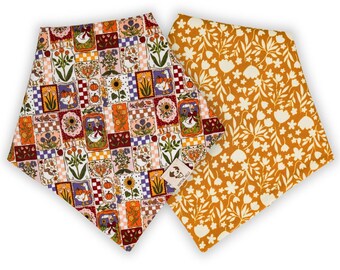 Autumn Folk - Reversible Pet Bandana, Snap On, Tie On, Harvest, Floral, Fall, Goose, Sunflower, Vintage