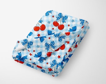 Patriotic Cherries Towel, Swim, Coquette, Fruit, Bow, USA, Gingham, July 4th