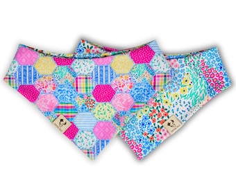 Patchwork Picnic - Reversible Pet Bandana, Snap On, Tie On, Dog, Floral, Flowers, Quilt