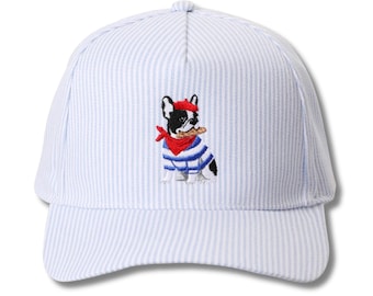French Bulldog Embroidered Cap, Seersucker Trucker Hat, Frenchie Gift, Dog Lover