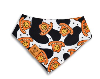 Smiley Cowboy - Pet Bandana, Curved Single Snap On, Western, Cow Print, Howdy, Cowboy Hat