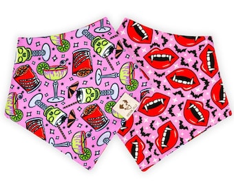 Bite Night - Reversible Pet Bandana, Snap On, Tie On, Spooky Cocktails, Vampires, Bats