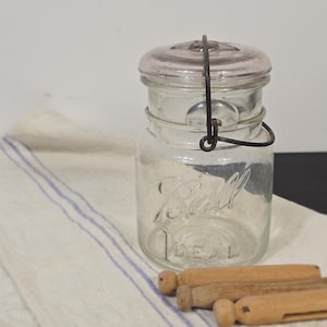 Vintage Ball Ideal Mason Jar with Wire Bail – 1908 Clear Glass Canning Jar – Farmhouse Pantry Storage – Rustic Kitchen Decor