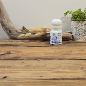 Vintage Milk Glass Toile Jar with Lid – Blue Transferware Scene, Vanity or Cotton Jar.