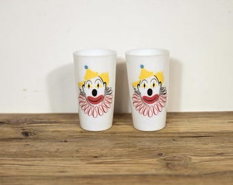 1950s Hazel Atlas Clown Glasses, Milk Glass Tumblers Set, Vintage Circus Kitchen Decor