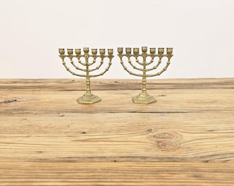 Vintage Mini Brass Menorah Pair Small Judaica Decor Gold Candle Holder Shelf Styling