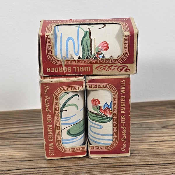 Vintage Wallpaper Border Lot of 3 Rolls in Original Duro Boxes, Water Lily Pond Design, Cottage Decor, Unused Wall Border