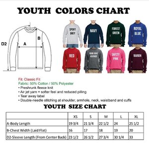 The image is a youth colors chart and youth size chart, providing measurements and color options for various clothing items such as sweatshirts and jackets.