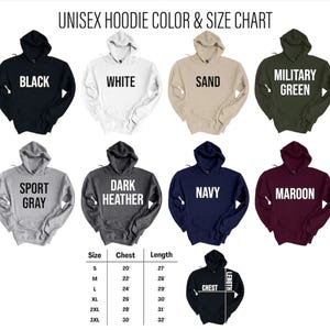 a color and size chart for unisex hoodies, with various color options and corresponding sizes.