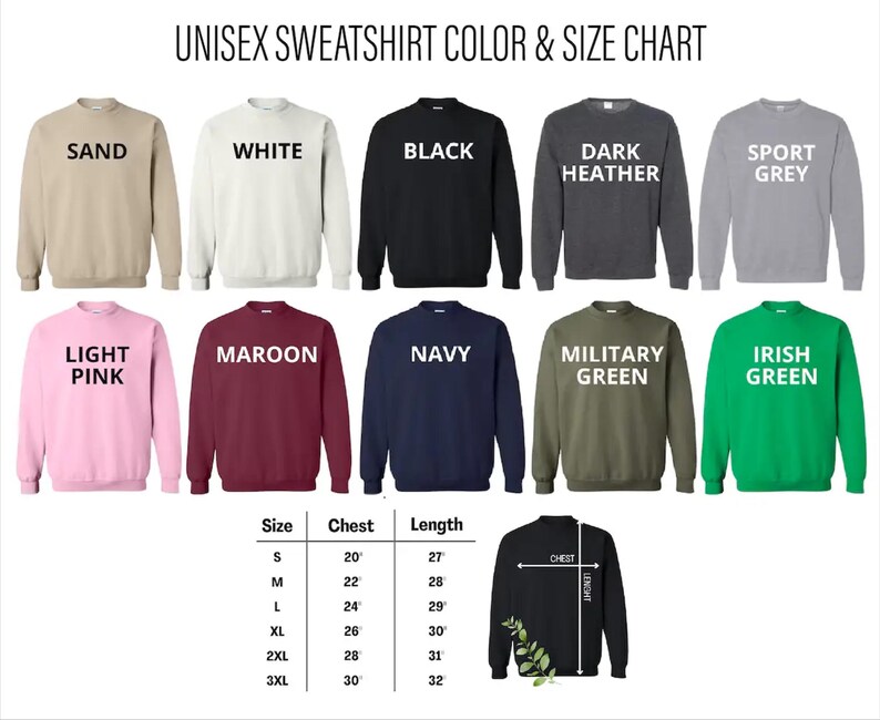a color and size chart for a collection of unisex sweatshirts, including various colors and sizes.