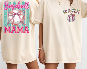 Baseball Mama Bow Tee with Custom Name, Cute Game Day Shirt for Moms