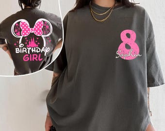 Camiseta personalizada de Disney para niña de cumpleaños, camiseta de Minnie con lazo, nombre y edad.