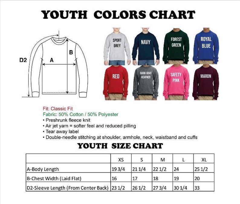 The image is a youth colors chart and youth size chart, providing measurements and color options for various clothing items such as sweatshirts and jackets.