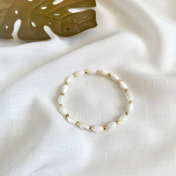 Olive-shaped mother-of-pearl stone bracelet - Elastic bracelet - Designer jewelry - Women's gift idea