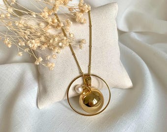 Bola per la gravidanza placcata in oro con perla in madreperla e grande anello in oro - Gioielli per la gravidanza - Idea regalo per donne incinte